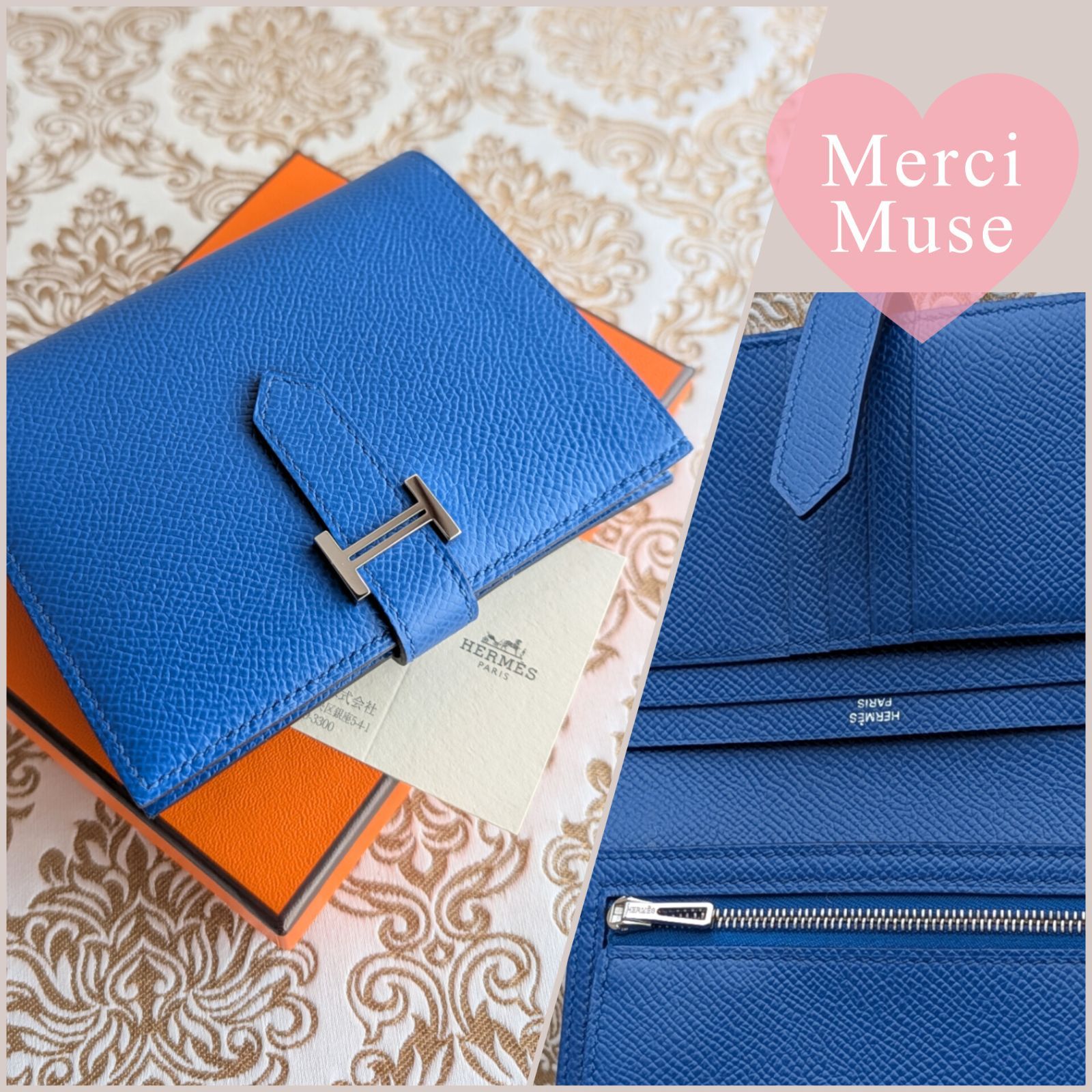 ❤未使用品❤ベアンコンパクト ブルーフランスｘシルバー金具 エプソン エルメス Ｕ刻印 財布 MerciMuse メルシーミューズ
