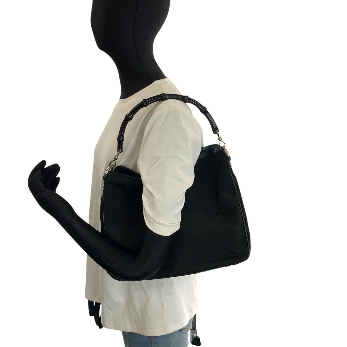 美品 GUCCI グッチ バンブー ブラック 黒 シルバー金具 ナイロン/レザー 001 1638 ショルダーバッグ ハンドバッグ レディース 602842【中古】