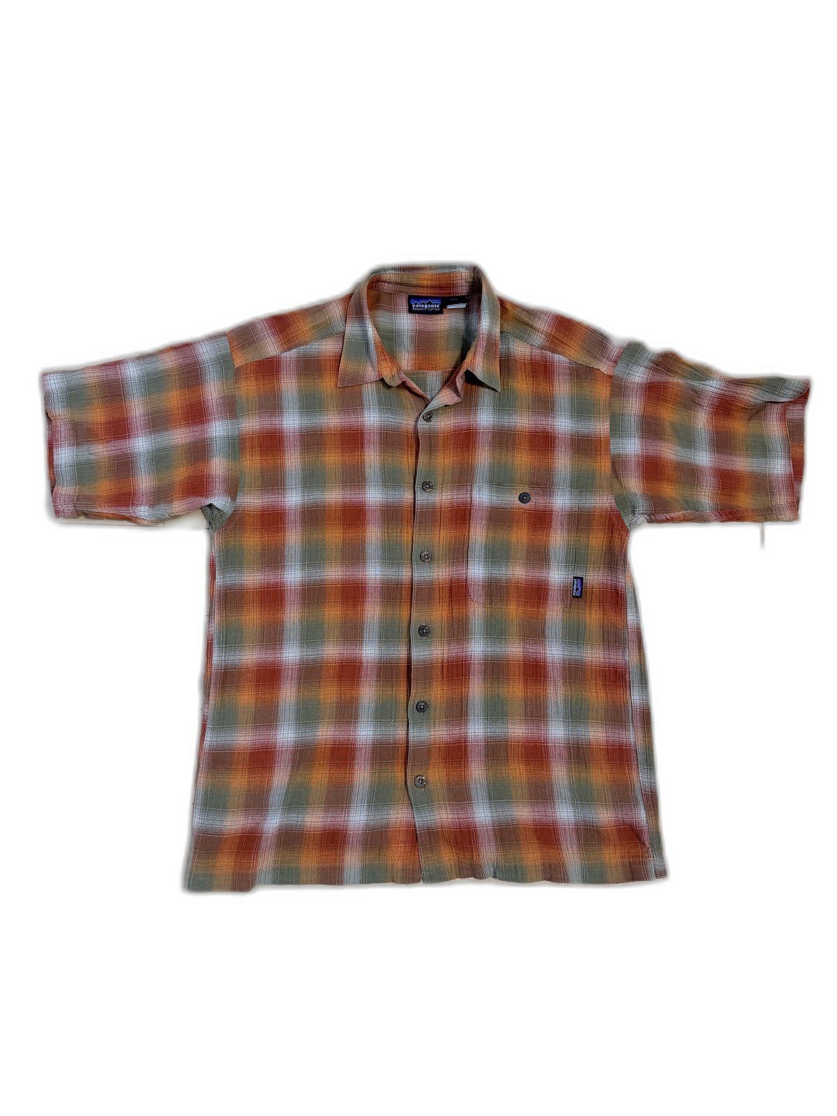 90s patagonia A/C オンブレチェック半袖シャツ S オレンジ ポルトガル製