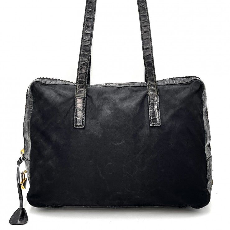 PRADA（プラダ）ナイロン トートバッグ 型押しレザー ショルダーバッグ ブラック ゴールド金具 レディース イタリア製【中古】