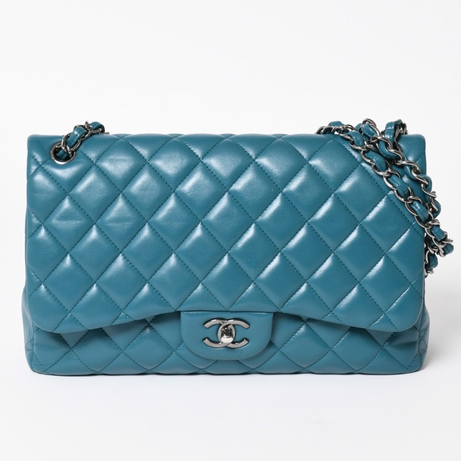 CHANEL シャネル デカマトラッセ30 Wフラップ Wチェーンショルダーバッグ 15番台 ココマーク ラムスキン ターコイズ 美品 中古 4a003962