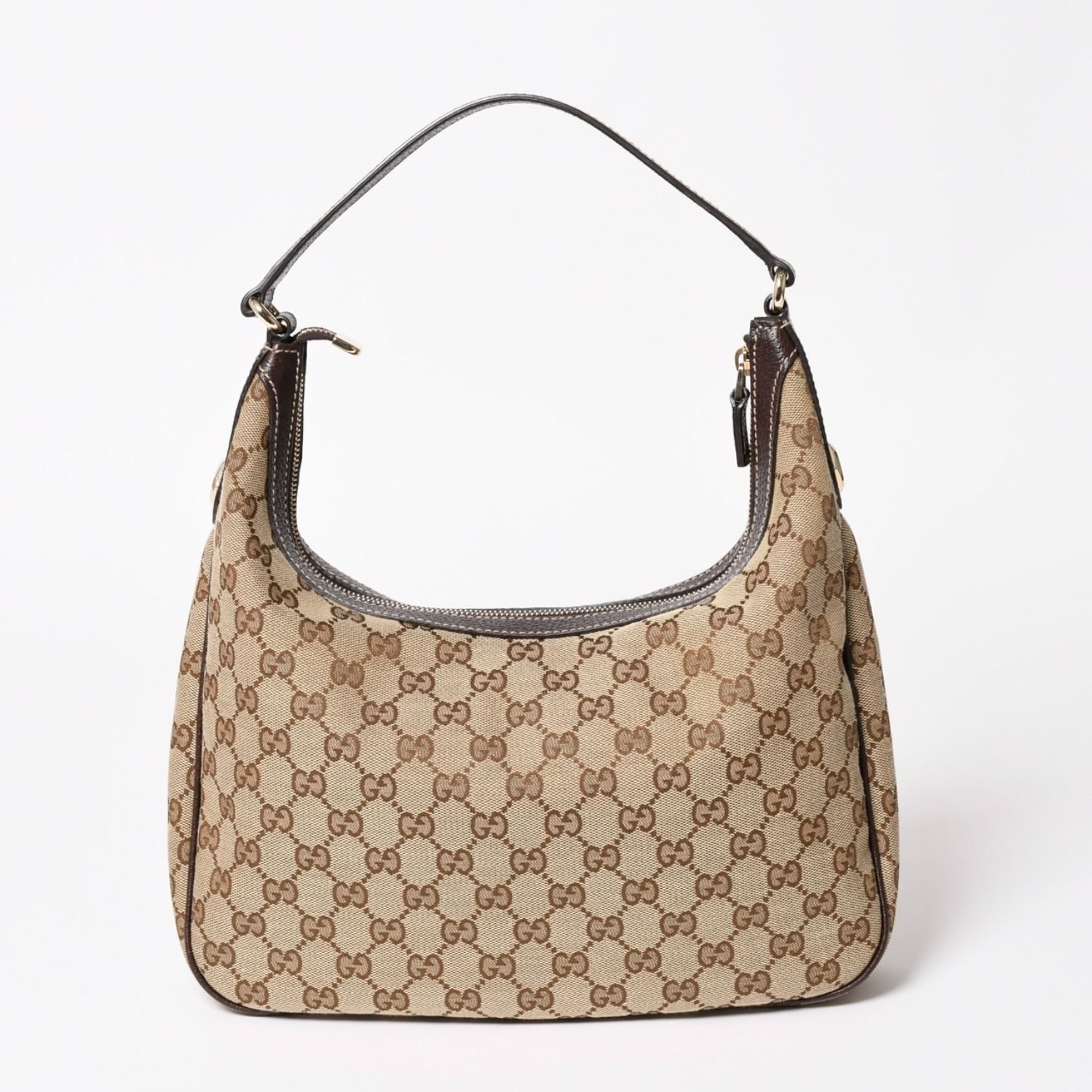 極美品 GUCCI グッチ GGキャンバス ホーボー ワンショルダーバッグ セミショルダーバッグ 153010 ベージュ ブラウン レザー 204046 ゴールド金具 中古 4a003957