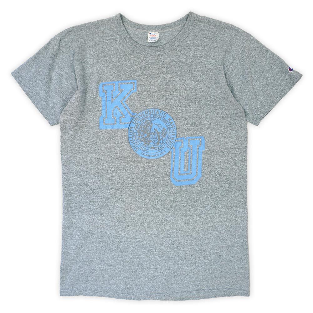 チャンピオン Champion 80s 80年代 トリコタグ 88/12 ワンツー ハチハチ カレッジプリントTシャツ カンザス アメカジ USA製 ヴィンテージ アメリカ 古着 メンズ Tシャツ カットソー 霜降りグレー L【中古】