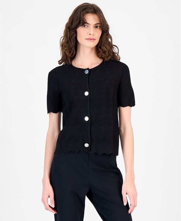 アンクライン レディース アウター ニット・セーター 半袖 カーディガン Anne Klein Womens Zigzag ShortSleeve Cardiganne Black ブラック