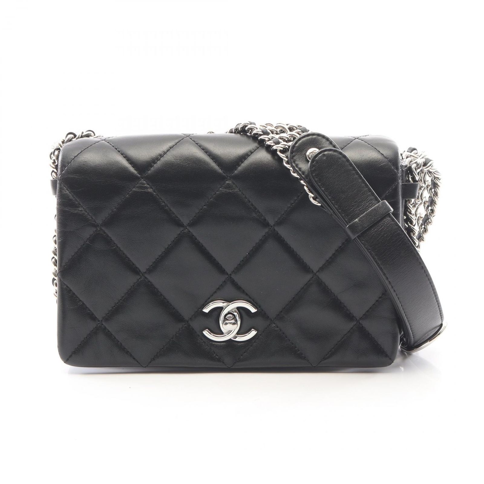 シャネル CHANEL ショルダーバッグ マトラッセ ブラック ラムスキン（羊革） マトラッセ フルフラップ チェーンショルダー レディース Used A