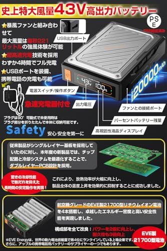 【新品】【43V超高出力 EVE製21700型バッテリー】 ファンバッテリーセット 空調作業服用 デュアル電圧駆動モード 6段階風量調節 急速充電器付き 90mm服穴径対応 熱中症対策 68970d8b