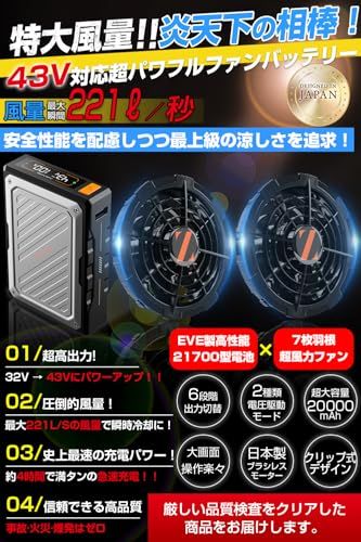 【新品】【43V超高出力 EVE製21700型バッテリー】 ファンバッテリーセット 空調作業服用 デュアル電圧駆動モード 6段階風量調節 急速充電器付き 90mm服穴径対応 熱中症対策 68970d8b
