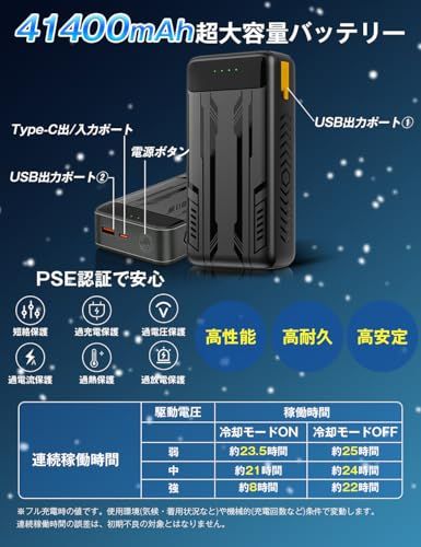 【新品】【ペルチェ式冷却ファン＆41400mAh大容量バッテリー】空調作業服用 ファンバッテリーセット 日本製ブラシレスモーター USB給電式 熱中症対策 90mm服穴径対応 PSE認証済 b4f126ba