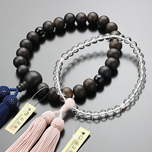 【新品】≪ペア数珠≫ 数珠 男性用（22玉 縞黒檀 青虎目石 正絹房）・数珠 女性用（約7ミリ 本水晶 ローズクォーツ 正絹房）ペアセット 念珠 念誦 略式 法事 葬儀 葬式 法要 天然石 夫婦お揃い ギフト 数珠袋プレゼント！ 5ba39b82