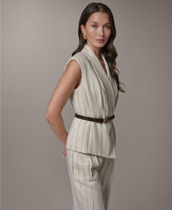 ダナ キャラン ニューヨーク レディース トップス ベスト プチ Donna Karanew York Womens Belted Pinstripe Vest Regular Petite Flax ダナ キャラン ニューヨーク レディース トップス ベスト プチ Donna Karanew York Womens Belted Pinstripe Vest Regular Petite Flax