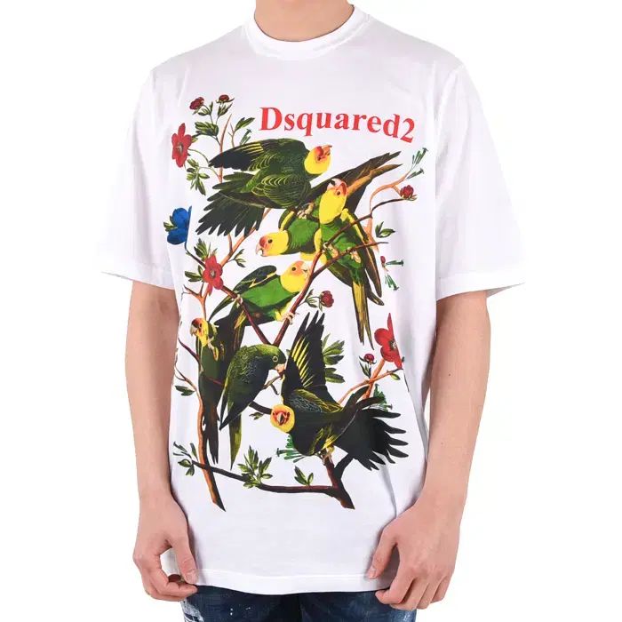 DSQUARED2 メンズ バードプリンティング Tシャツ ホワイト S71GD0753