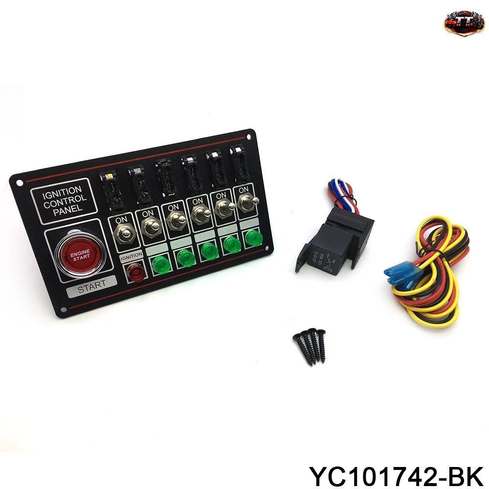 レーシングスイッチパネル 12V レースカー イグニッション アクセサリー エンジンスタート 6 ヒューズ付きトグルスイッチ クイックオフスイ