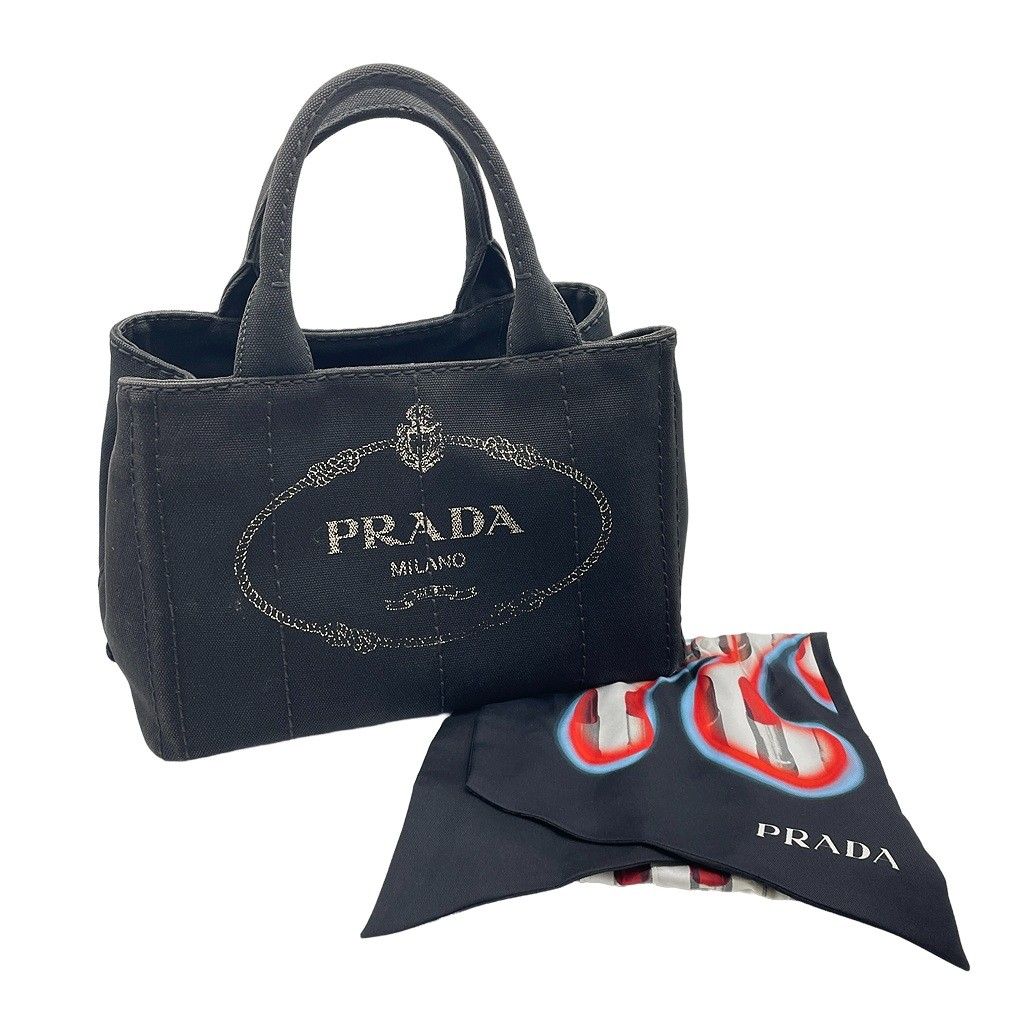 PRADA プラダ カナパトート BN1877 キャンバス 中古 トートバッグ ロゴ レディース ブラック ハンドバッグ リップ柄スカーフ付き