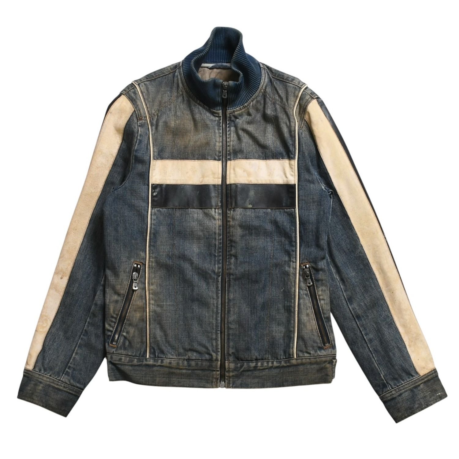 d*様 02SS Dolce & Gabbana ペイント加工 デニムジャケット DOLCE & GABBANA ドルチェ&ガッバーナ NAVY Hybrid Leather & Denim