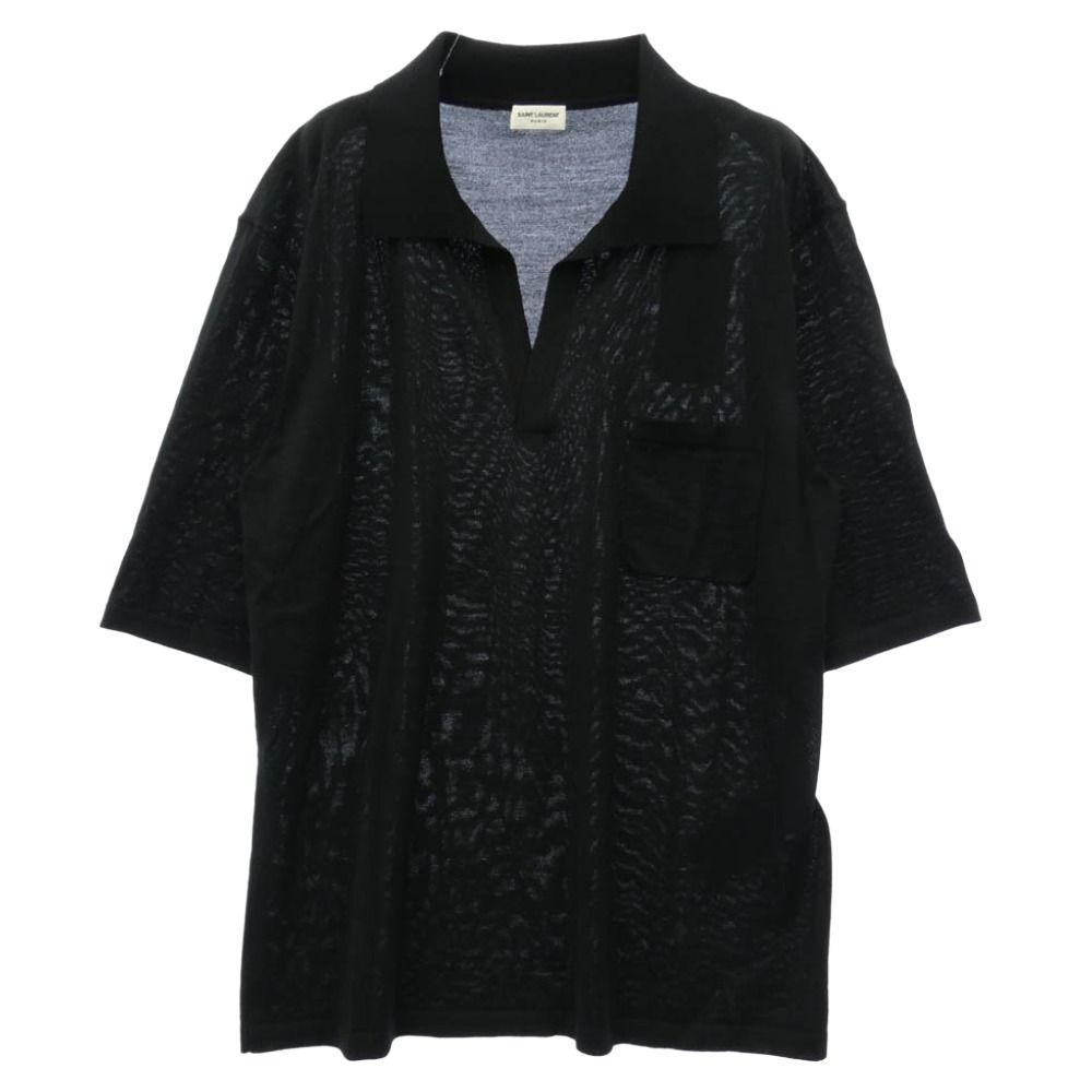 SAINT LAURENT サンローラン 778950 Y75YW Cassandre Wool Polo Shirt ロゴ刺繍 カサンドラ オープンカラー ウール ポロシャツ 半袖 ブラック系 M【新古品】【未使用】【中古】