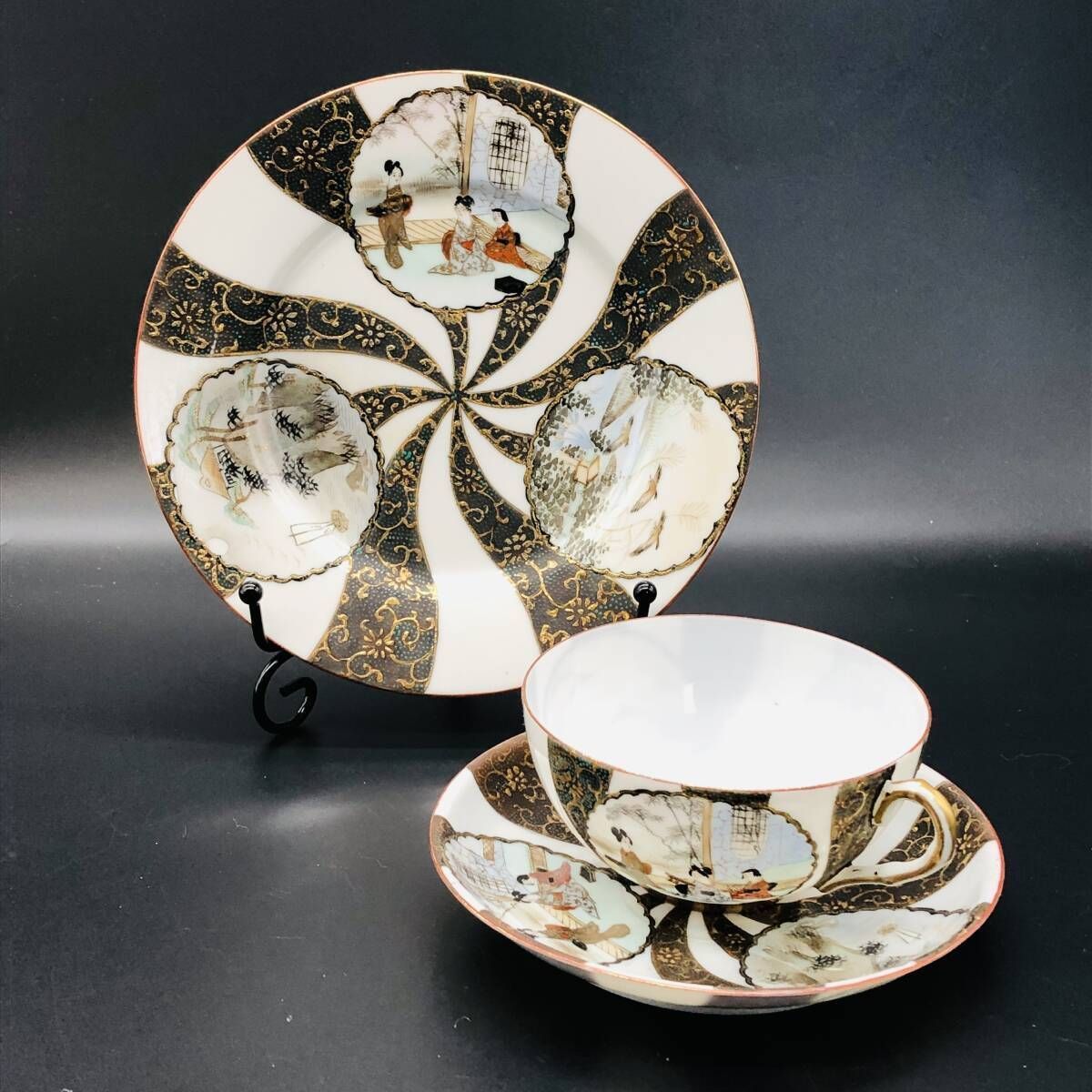 九谷 加賀国 金彩 人物文 花鳥 風景図 窓絵 エッグシェル キャビネット カップ ソーサー プレート 鴈 AS_2 ( INP_G08 )