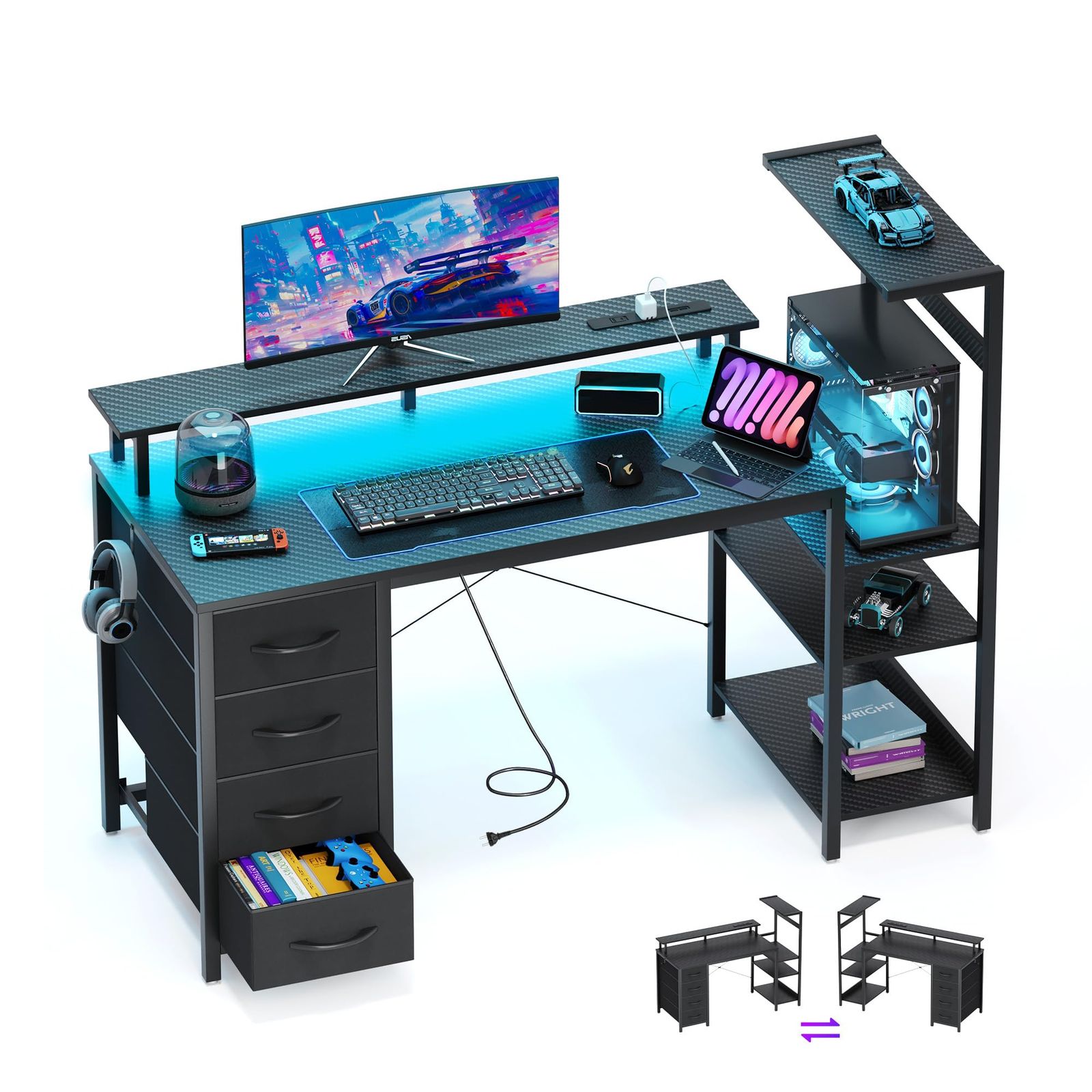数量限定 ゲーミングデスク パソコンデスク 幅130cm LEDライト付き 電源コンセント/USBポート付き YOUDENOVA モニター台一体型 収納ラック付き 左右入れ替え可能 引き出し 収納棚 PCデスク オフィスデスク 勉強机 デスクワーク 省スペース
