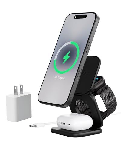 KU XIU X40 Turbo Qi2.2 25W マグネット式ワイヤレス充電器 折りたたみ 3in1 ワイヤレス充電ステーション iPhone 17/16/15/14/13/12対応 iWatch & AirPods 5W対応 アルミニウ 8f9525f9