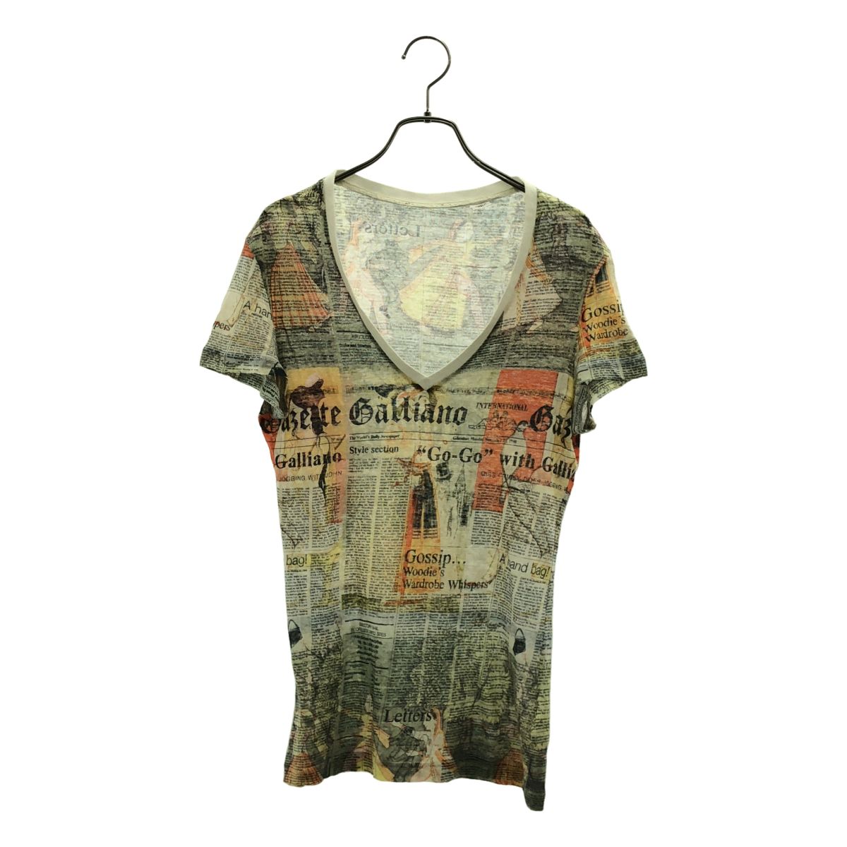 John Galliano / ジョンガリアーノ | リネン Vネック ニュースペーパー 総柄 Tシャツ | S | マルチカラー | メンズ