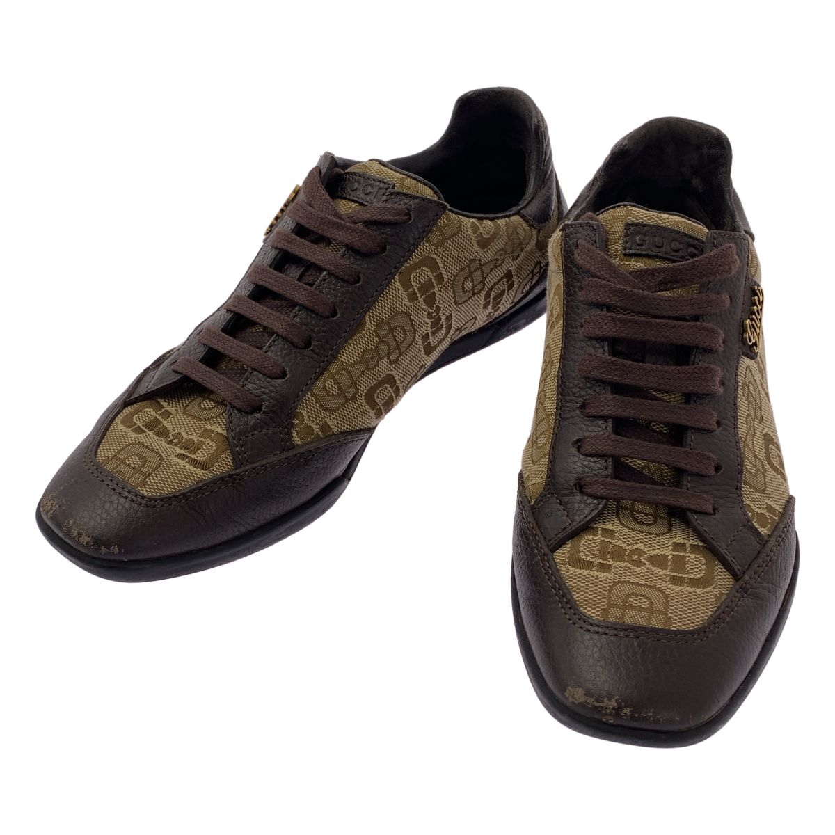 GUCCI / グッチ | レザー 切替 ロゴ スニーカー | 34.5 | ブラウン | レディース