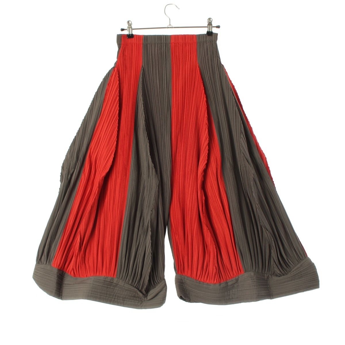 イッセイミヤケ 90s 90年 プリーツ 太ストライプ CURVED PANTS カーブ パンツ カーキ オレンジ M【中古】