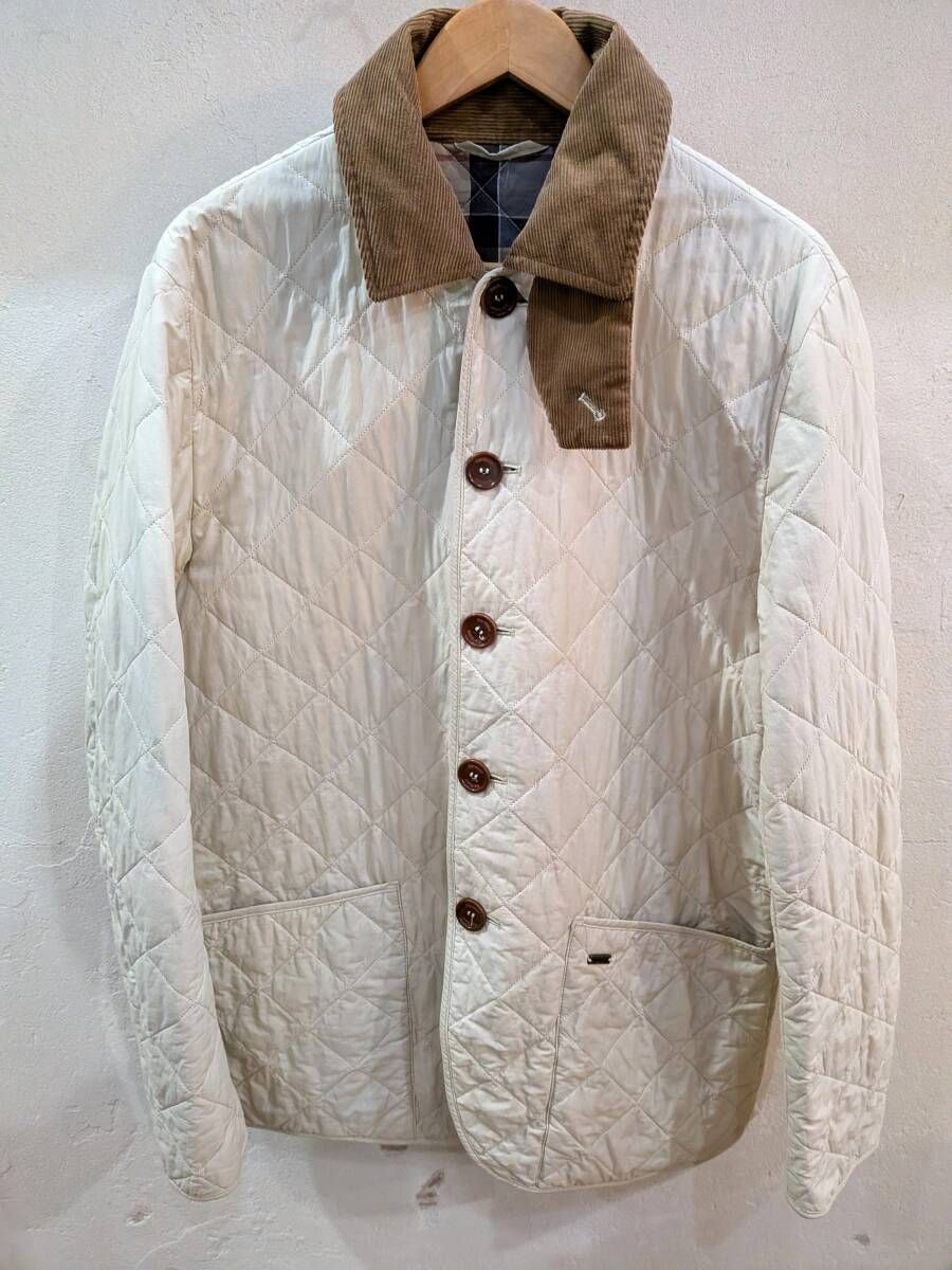 Barbour/バブアー キルティングジャケット ホワイト ドレスタータン柄 裏地チェック ダイヤモンドステッチ メンズ Lサイズ used