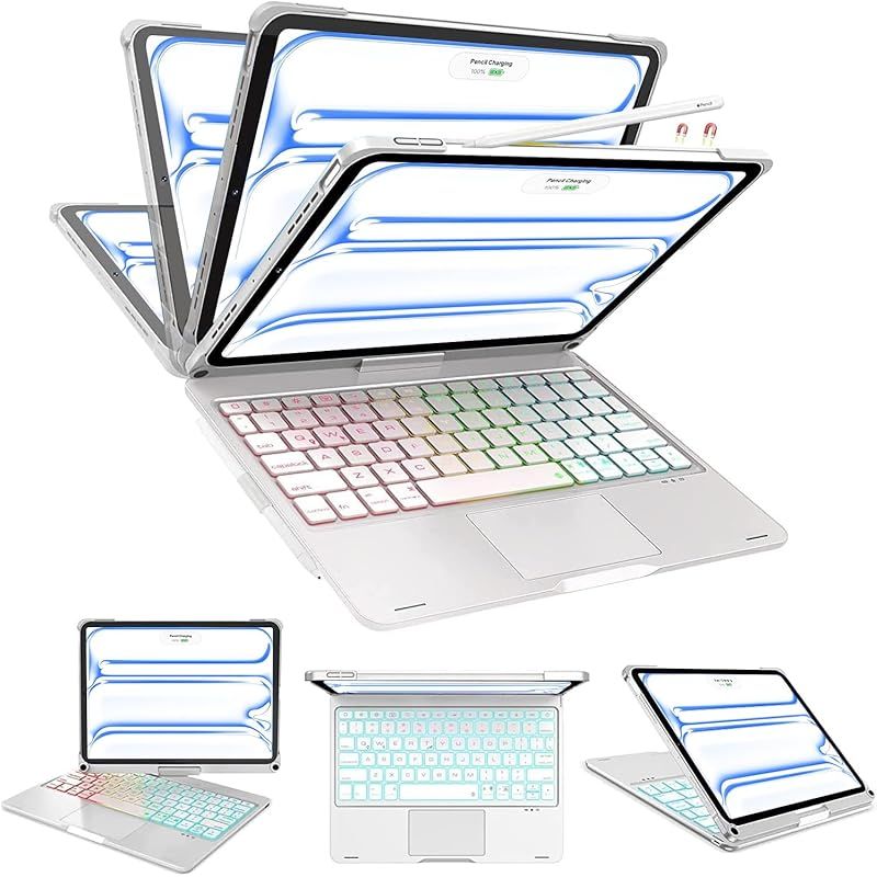 【新品】 【360°回転スタンド】iPad Pro 11インチ キーボードケース M5 (2025) / M4 (2024) 対応 タッチパッド搭載 7色バックライト 一体型 ペンホルダー付き 耐衝撃 オートスリープ 全面保護カバー ホワイト