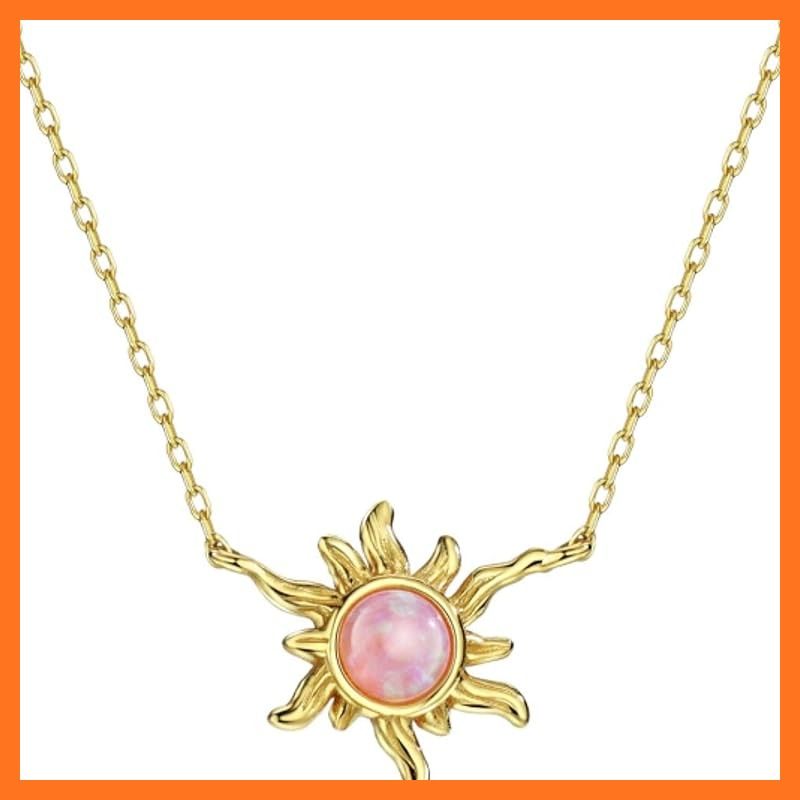 【新品】 [michooyel] 14K ゴールド メッキ 太陽型 ペンダント ネックレス グリーン/ピンク 人工オパール スターリング シルバー ケーブル チェーン 16-18