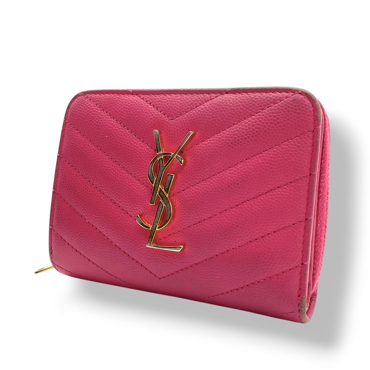 【良品】サンローラン モノグラム コンパクト ジップウォレット 二つ折り財布 ピンク レザー キルティング YSL ロゴ 金具 ミニ財布 レディース 人気 定番 シンプル 可愛い おしゃれ 大人可愛い プレゼント ブランド財布 収納力 小銭入れ 丈夫 M3