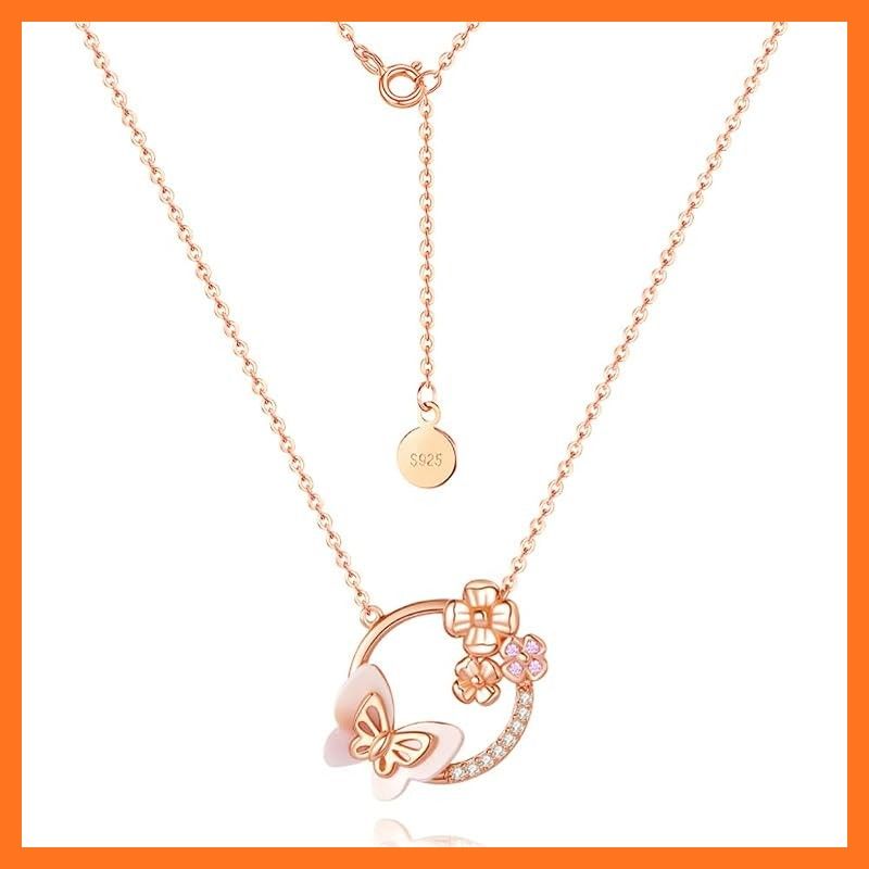 【新品】 [MIKAMU] 蝶 ネックレス レディース 最高級 ダイヤモンドCZ シルバー925 純銀製 桜 ネックレス レディース 安心の 金属アレルギー対応 ギフト ジュエリー 専用ボックス付き (ピンクゴールド - A)