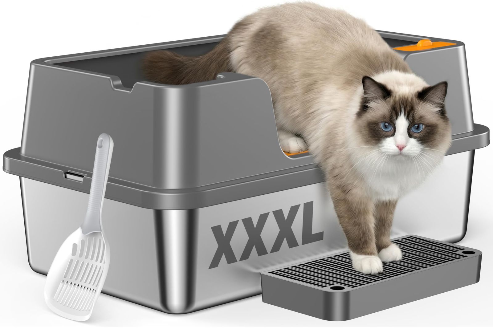 OROLEY ステンレス製 猫トイレ XXXL 大型猫対応 深型 ハイサイド設計 飛び散り防止 オープンタイプ 清潔 防臭 お手入れ簡単 丈夫 サイズ(約):60×40×27cm 足踏み台・スコップ付きmt ec32a8c9