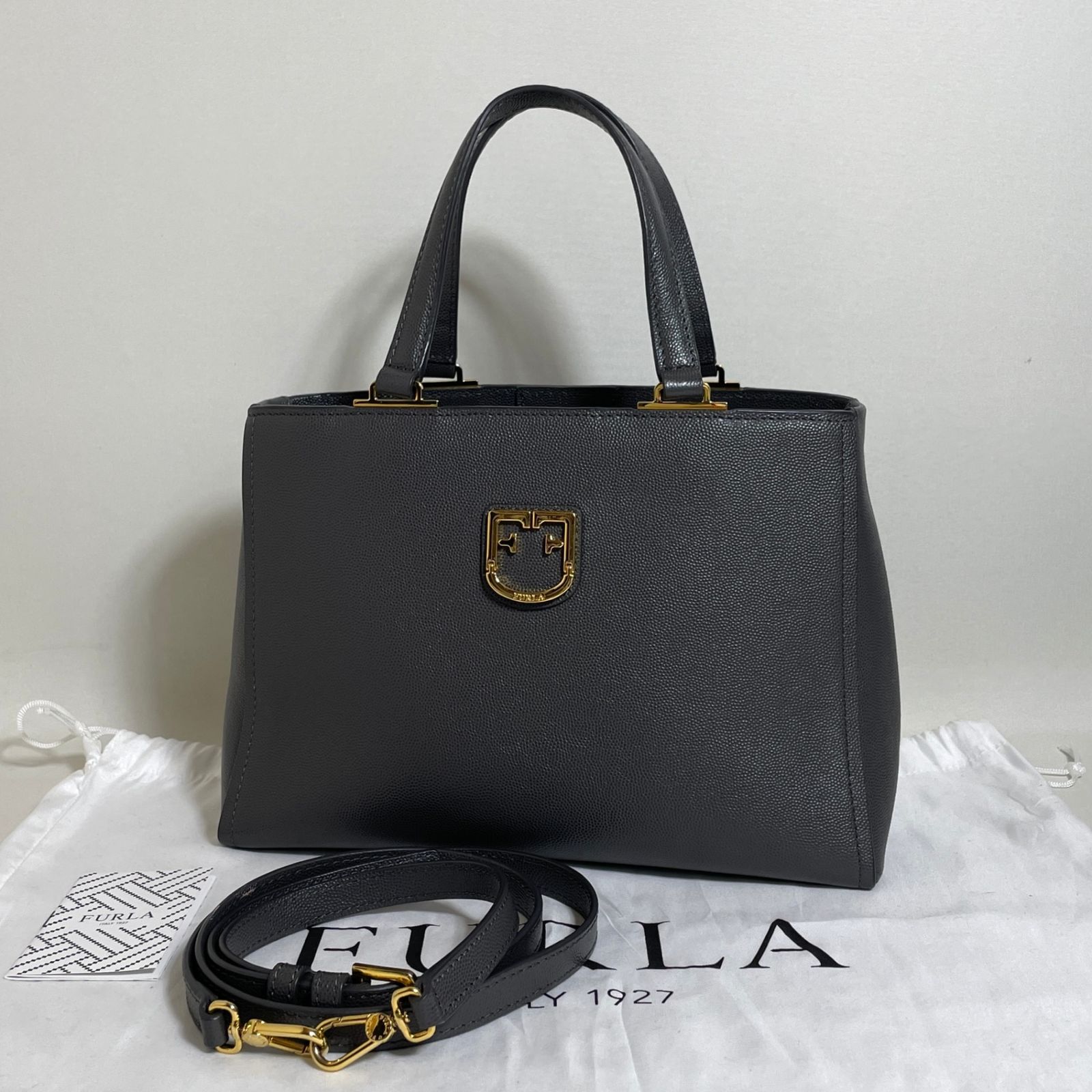 2606-17|美品|フルラ 2WAYハンドバッグ レザー ダークグレー