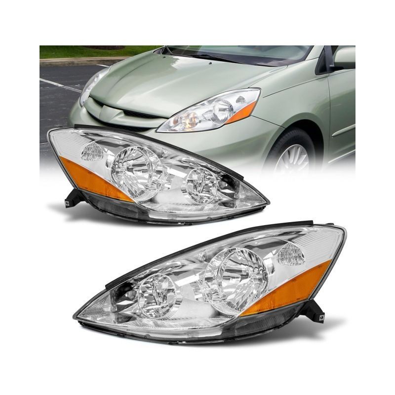 トヨタ Toyota シエナ Sienna 2006年〜2010年 ヘッドライトユニット 左右セット クリアレンズ ホワイトフレーム アンバー ハロゲン 12V
