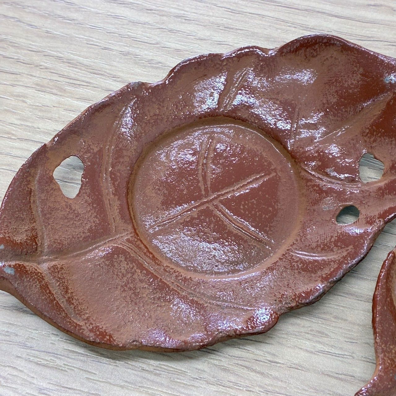 Y0620]茶托 南部鉄器 鉄製 虫食い 木の葉 5枚セット 煎茶道具 お茶道具