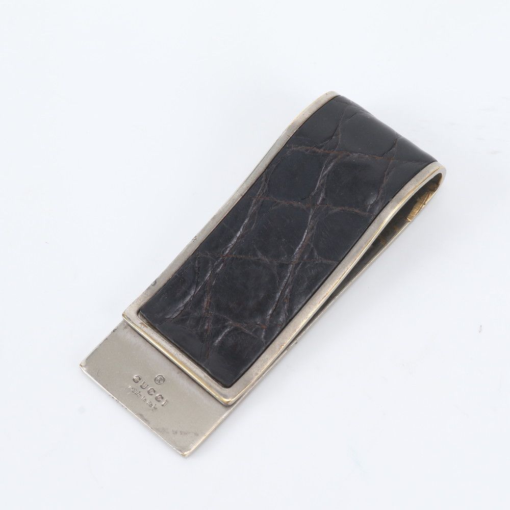 美品 グッチ クロコダイル エンボス 財布 ビルクリップ レザー マネークリップ ブラック 黒 シルバー メンズ WBM EF39-1【中古】