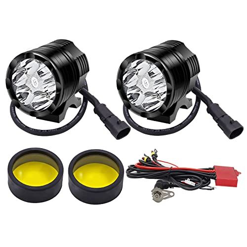 R★X-STYLE 60W バイク フォグランプ ハーネスキット 3つモード 常時点灯・ストロボ 2色 12V 24V led ヘッドライト 補助灯 高輝度 防水 超長寿命 ワークライト スイッチ付き 2個セット (ホワイト+黄色いレンズ)