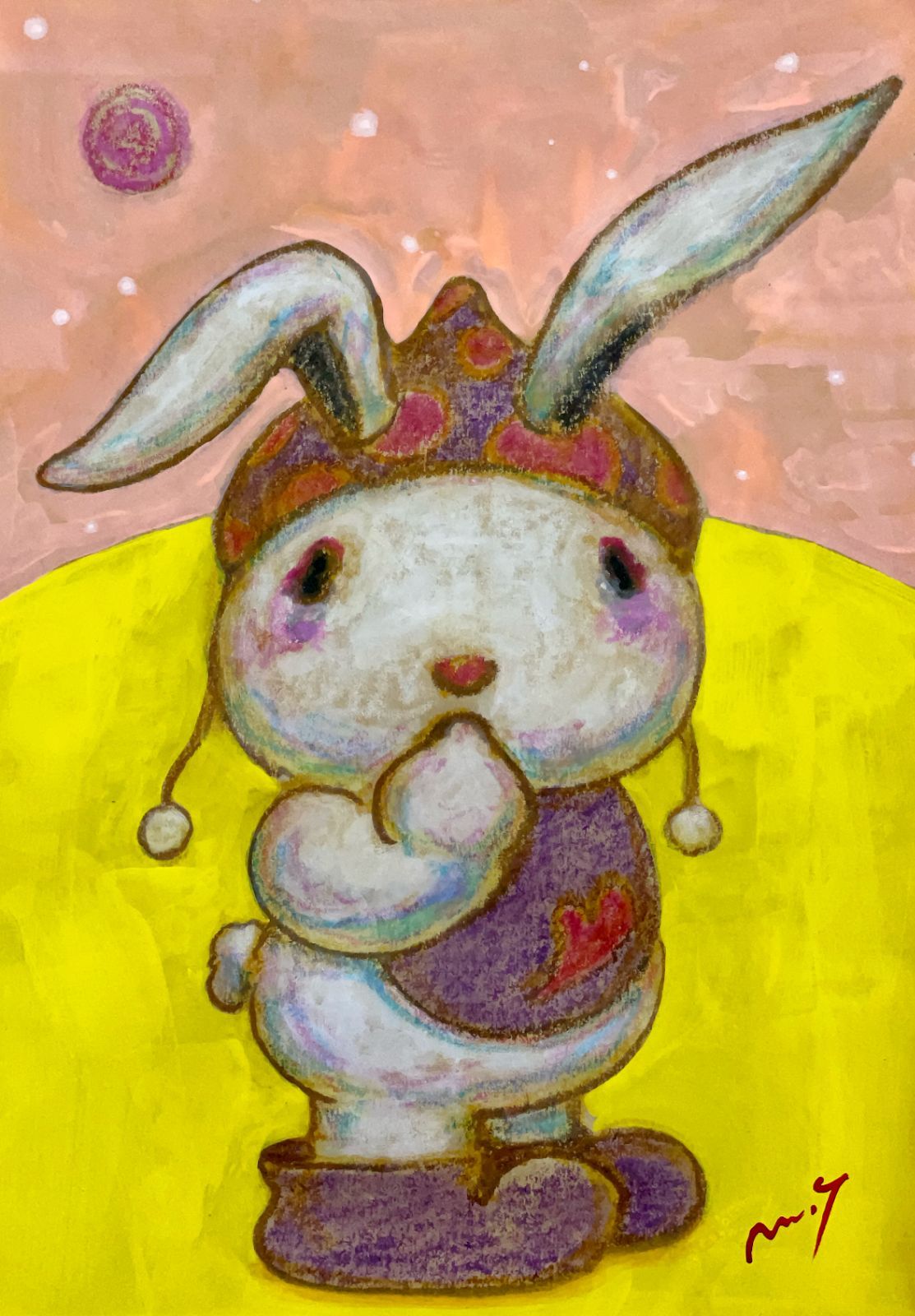 高野マナブ 原画｜[月で指しゃぶり] Drawing A4 アクリル 一点物 高野学 Manabu Takano 髙野學 Moon Sun Rabbit 月と太陽とウサギ Louvre Uffizi Japan 台湾 現代美術家
