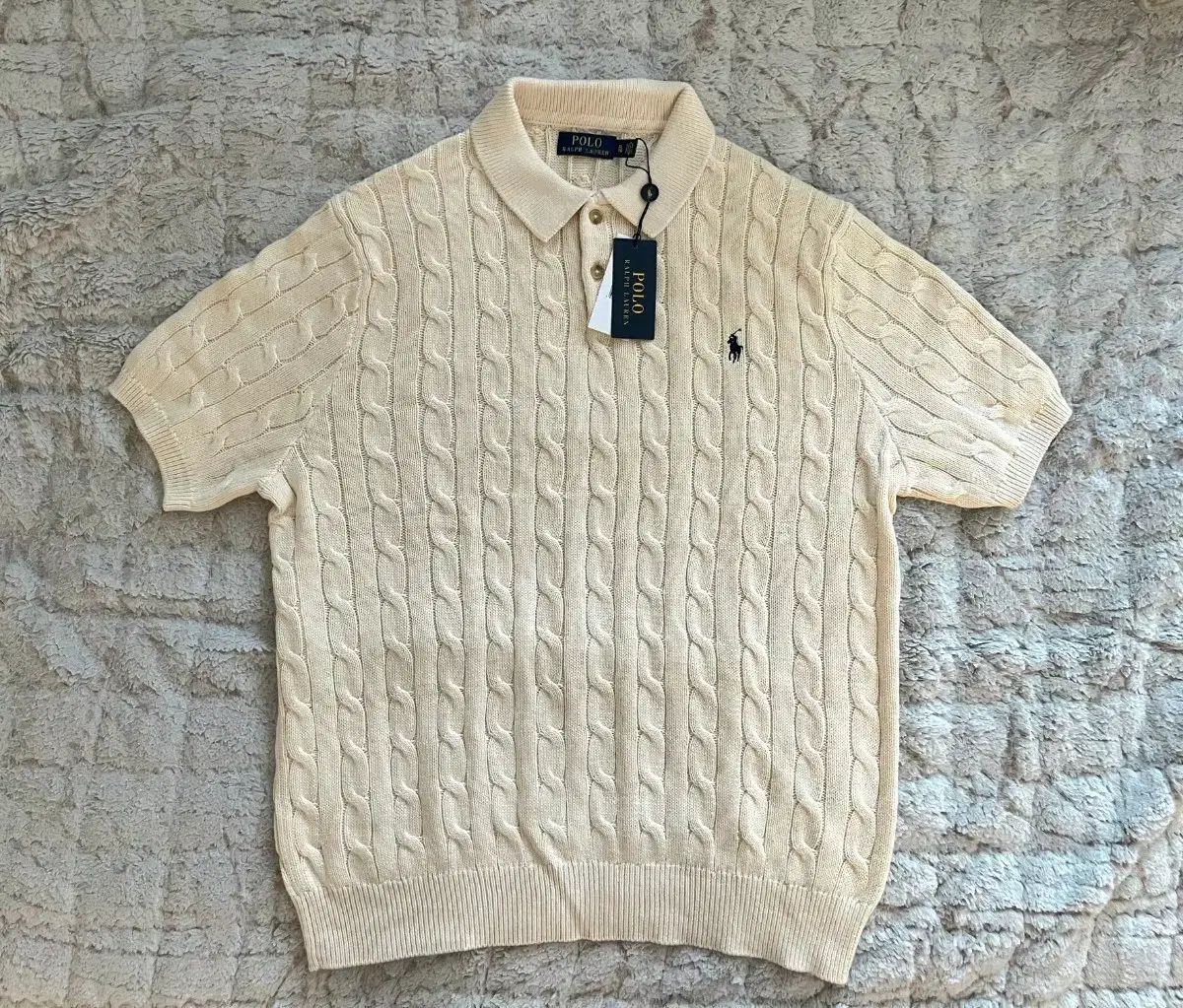 ポロラルフローレン ケーブル 半袖 ニット カラーTシャツ クリーム 新品