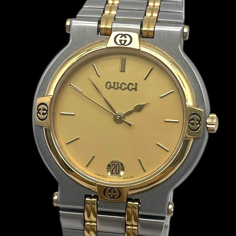 箱付き 新品電池 稼働品 GUCCI グッチ メンズ腕時計 9000M クォーツ QZ 3針 デイト コンビ ゴールド文字盤 シルバー