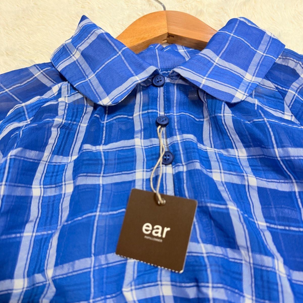 ear PAPILLONNER 丸襟チェック柄ブラウス F ブルー シアー オーバー 