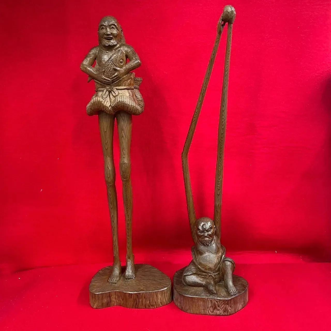 【珍品】高さ約４７～４８㎝　手長足長　一位一刀彫　飛騨高山　伝統工芸　髙広　木彫り　置物　　x