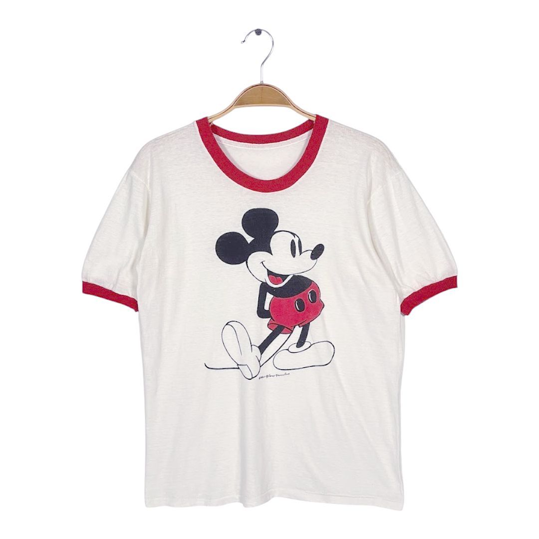 70s 80s ミッキーマウス 白足 ヴィンテージ Tシャツ リンガーTシャツ ウォルトディズニー ディズニーオフィシャル サイズM相当 古着 BB0788