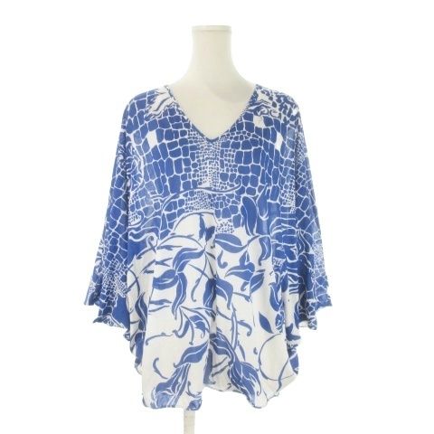 エミリオプッチ EMILIO PUCCI シャツ ブラウス 42 青 ブルー Vネック アニマル柄 花柄 31RM60 /CK17 ■ECD005
