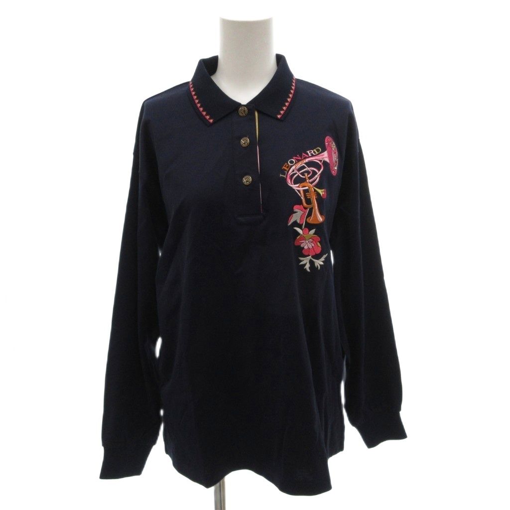 レオナールスポーツ LEONARD SPORT 美品 カットソー ポロシャツ 長袖 花柄 L ネイビー 0588156 /MG ■ECD005