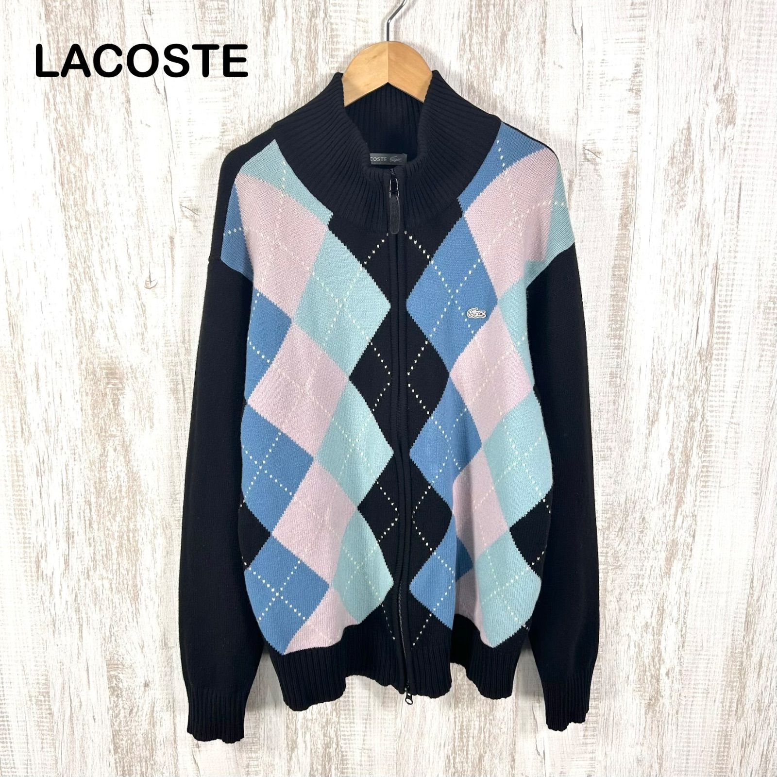 LACOSTE ラコステ 白ワニ ロゴ刺繡 アーガイルチェック ウール ジップアップ セーター ブラック