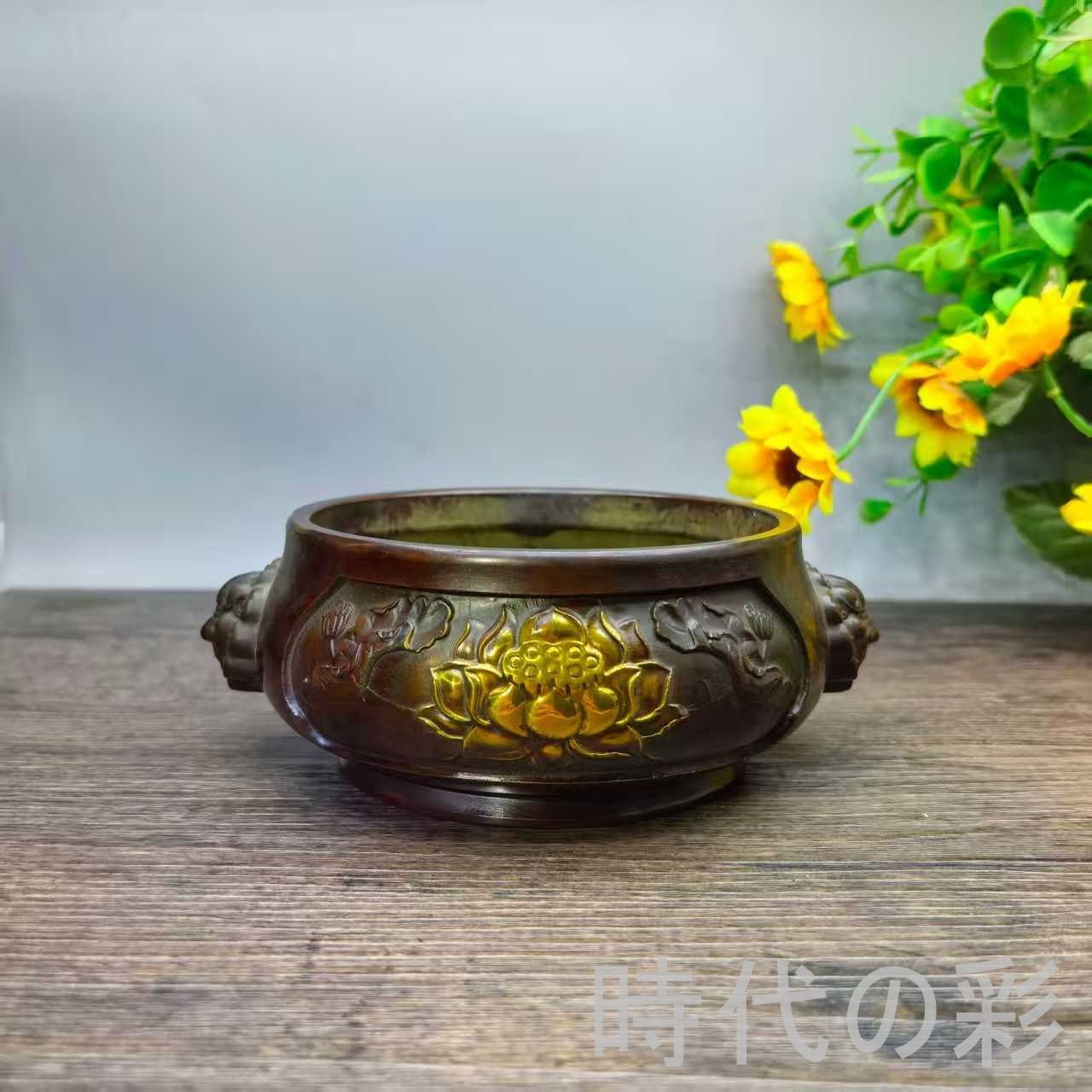 【中国古美術】純銅蓮華獅耳香炉 獅子耳 香道具 仏具 銅香炉 細密細工 26041604
