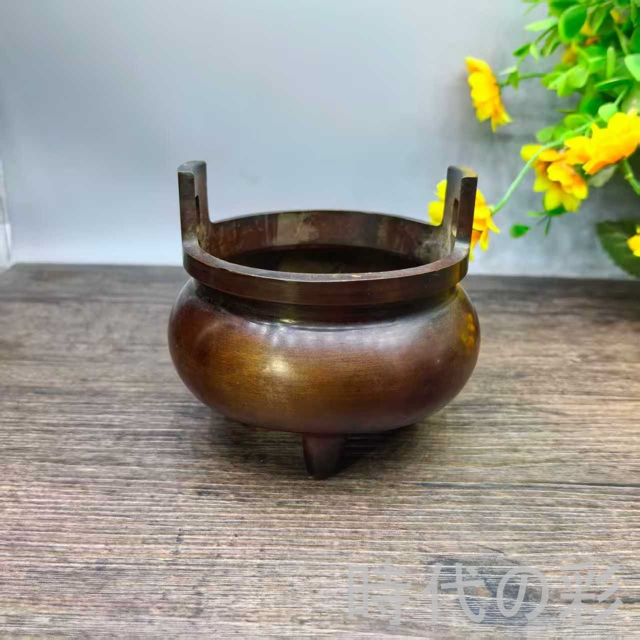 【中国古美術】純銅直耳炉 香炉 銅香炉 香道具 茶道具 仏具 細密細工 26041612