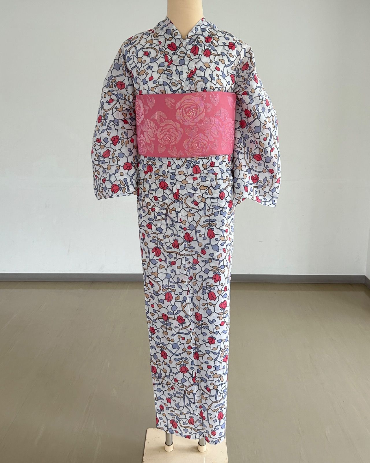 【浴衣 半巾帯セット】薔薇 花柄 ローズ帯 ピンク帯 レトロ可愛い 夏祭り