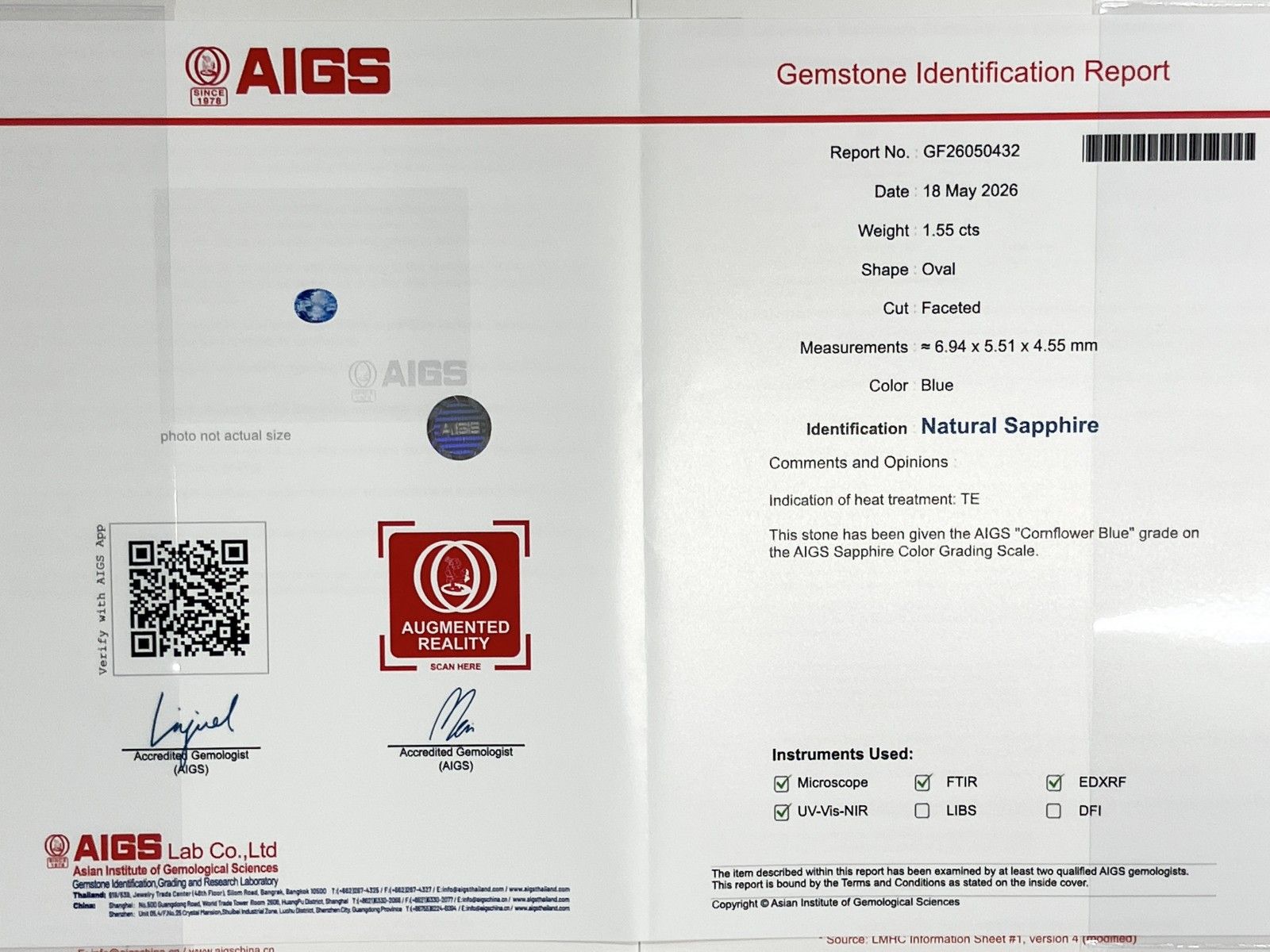 サファイア 1.55ct コンフラワーブルー Cornflower blue AIGS鑑別書 D0 