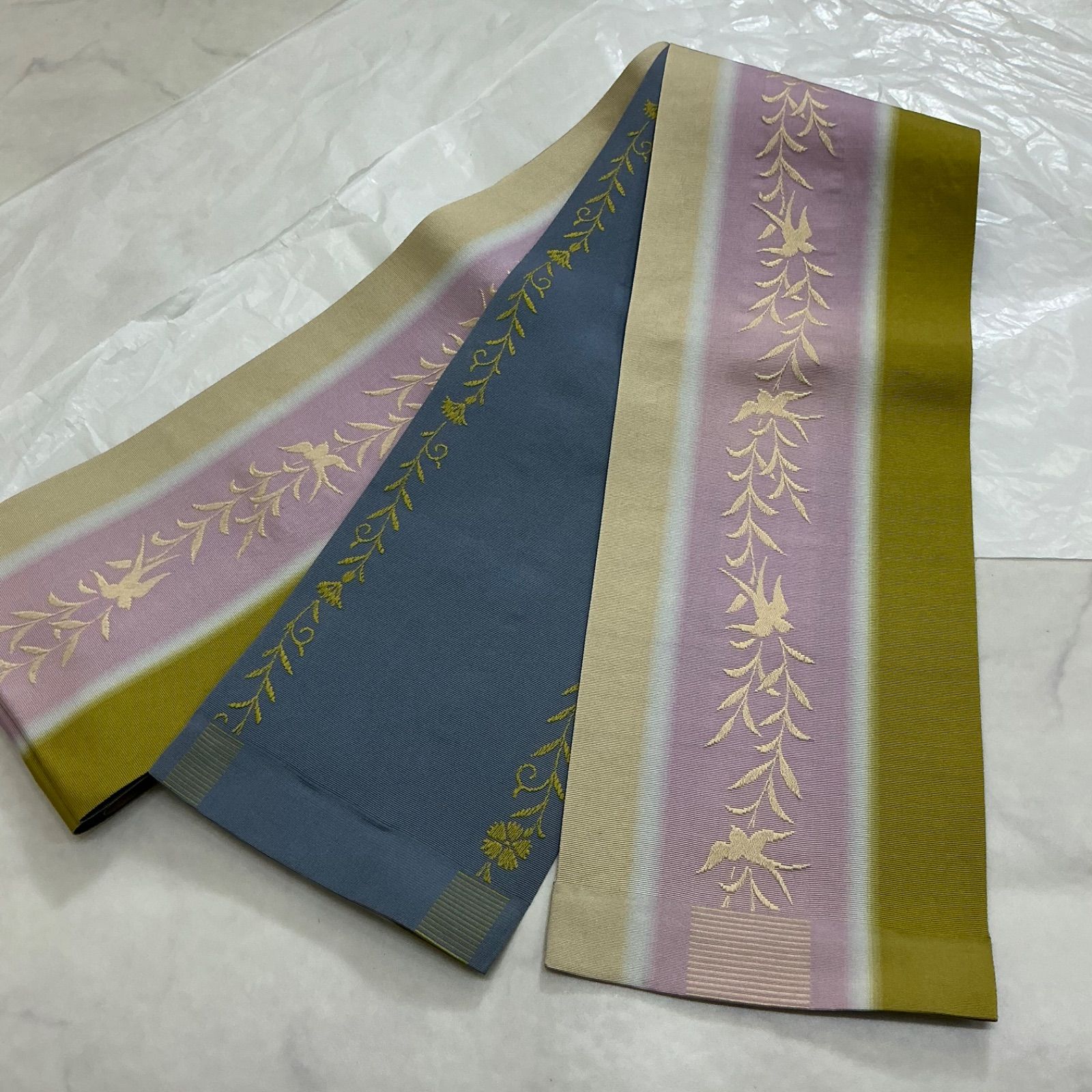 kimono+one◆kimonoarisa◆美品◆本場筑前博多織◆ツバメ◆リバーシブル◆手織正絹◆長尺◆単衣半幅帯◆半巾帯小袋帯◆378㎝◆